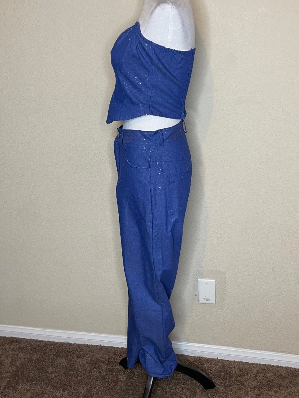 Y2K Sparkle Denim Two Piece Set Glitter Strapless Crop Top Straight Leg Pants S - Picture 6 of 13